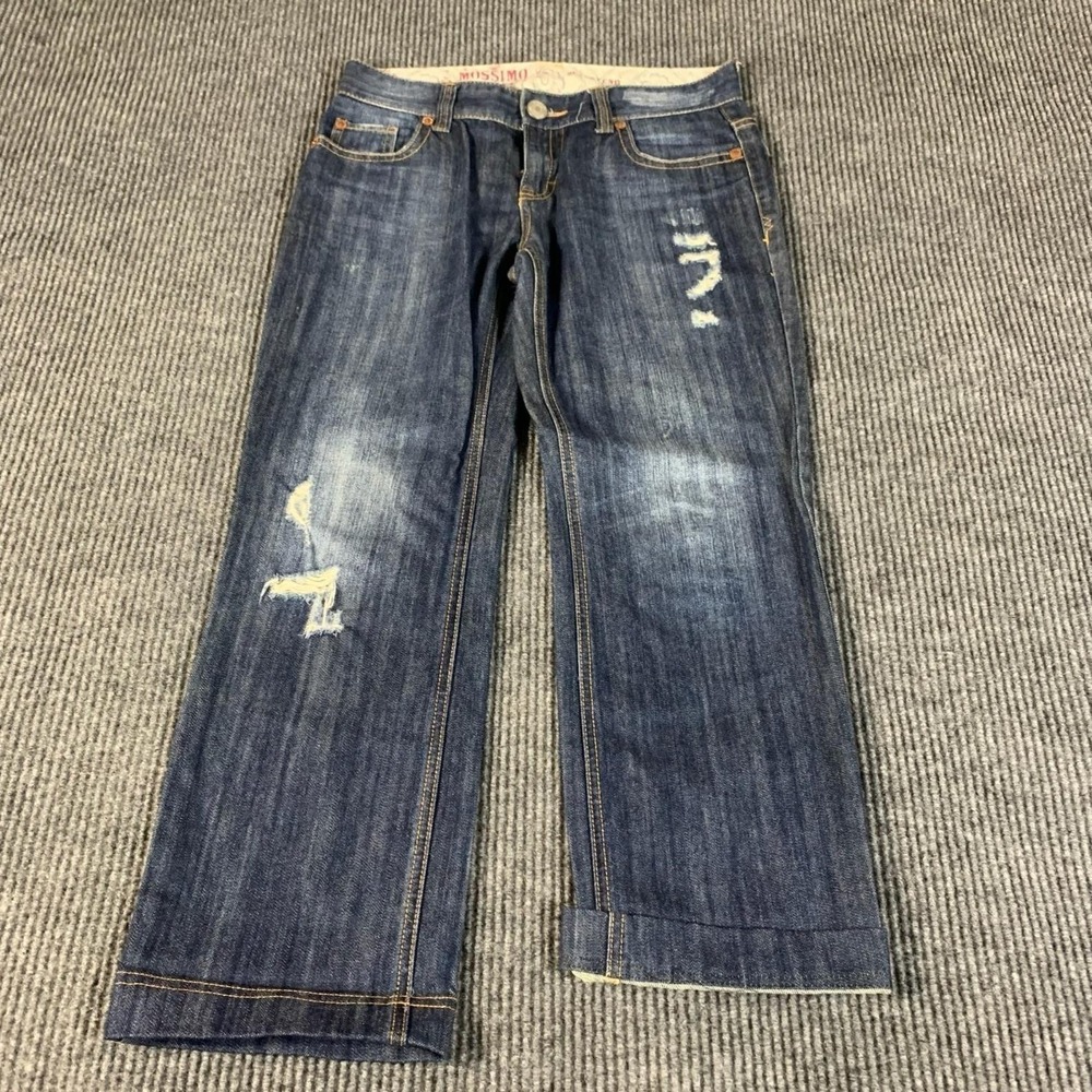 Mossimo Jeans Womens 30 Blue Denim Boyfriend Distressed Dark Wash 30x27 Flaps